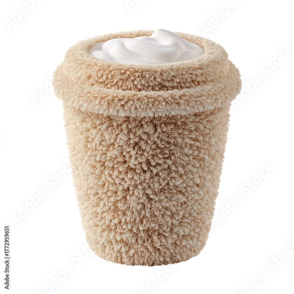 Obraz 3D render of a furry beige coffee cup with whipped cream isolated on white background