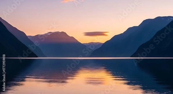 Fototapeta Serene Sunset Over Mountain Lake with Reflective Waters and Calm Atmosphere.