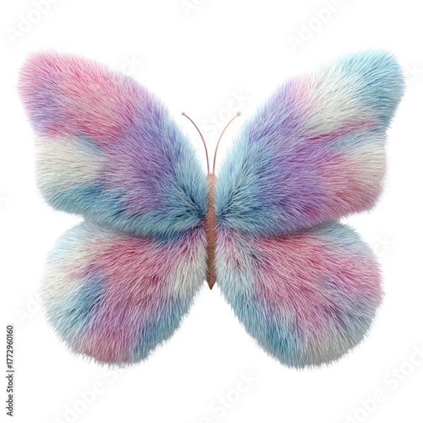 Obraz 3D render of a cute furry butterfly with pastel-colored wings isolated on white background