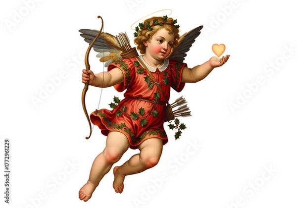 Fototapeta A classical depiction of Cupid, a winged cherub, holding a bow and arrow and a golden heart, symbolizing love and romance.