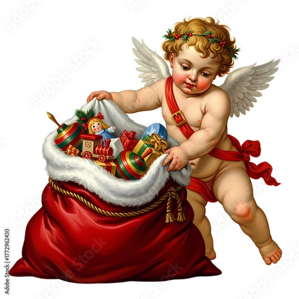 Fototapeta A cherubic angel with wings and a red ribbon is pulling gifts out of a large red sack.