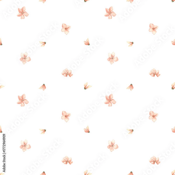 Fototapeta Delicate Pink Floral watercolor seamless pattern isolated. Soft pink flowers repeat for childish textile. Small scale floral print hand drawn. Neutral background for swaddles, bedding, baby clothes.