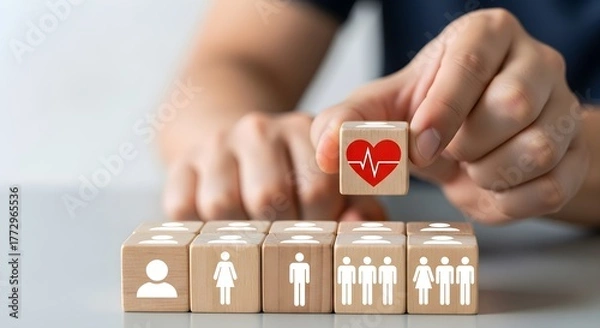 Fototapeta Hand holding wooden cube with heart beat icon, concept of health and wellness isolated on white background