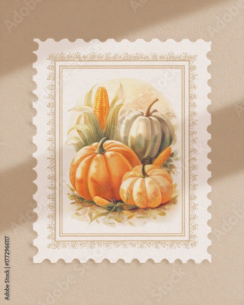 Fototapeta Colorful pumpkins and corn decor on a light background for fall celebration