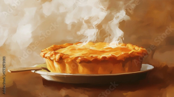 Fototapeta Delicious steaming pie on a plate with a warm, cozy background for food lovers and culinary enthusiasts