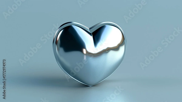 Fototapeta Shiny metallic heart sculpture on a smooth surface with a soft blue background for love and affection themes