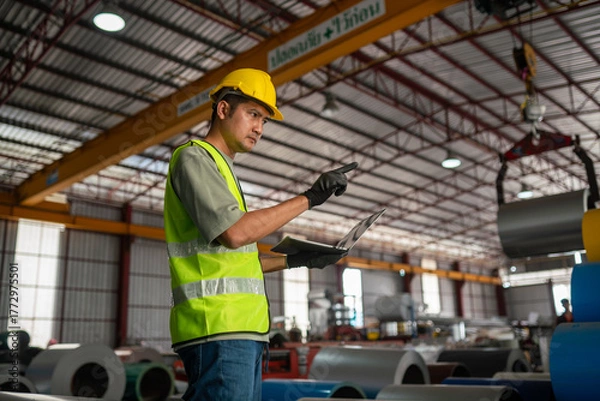 Obraz Worker inspecting material inventory industrial warehouse photo indoor side view efficiency in operations