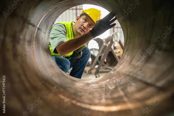 Fototapeta Worker inspecting steel pipe manufacturing facility industrial setting close-up view safety focus