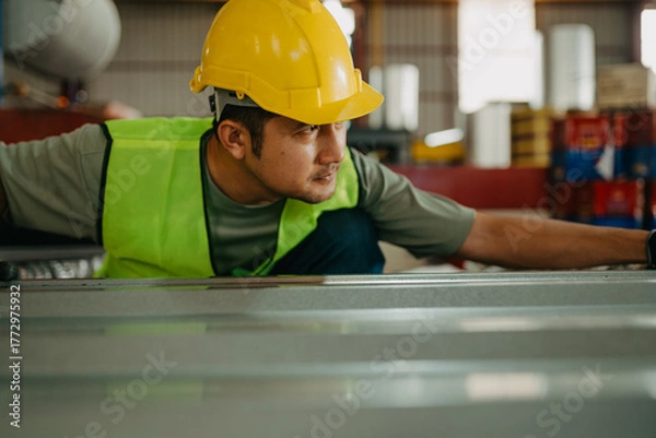 Fototapeta A construction worker attentively inspects metal sheets in a bustling industrial workshop highlighting safety and precision.