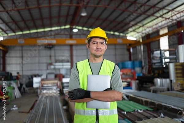 Fototapeta Construction worker overseeing project in industrial warehouse business environment professional perspective