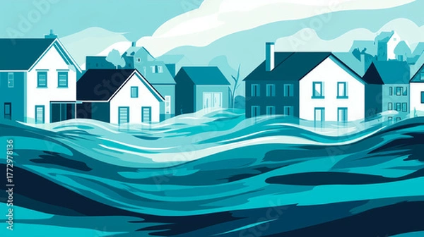 Fototapeta Flooded houses submerged in blue waves, illustrating the impact of a natural disaster in an urban setting