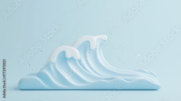 Fototapeta Stylized waves with foam and droplets on a pastel blue background, representing water and fluidity in design