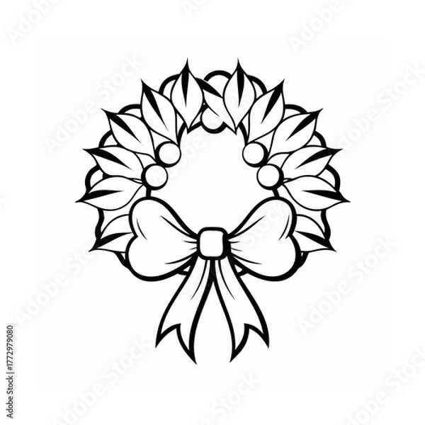 Obraz Elegant Christmas Wreath Vector Illustration with Bow and Berry Accents