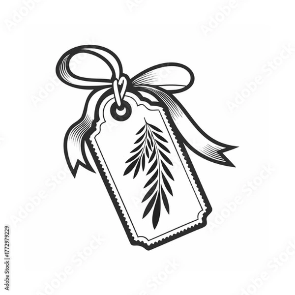 Obraz Elegant gift tag design with botanical illustration and decorative ribbon