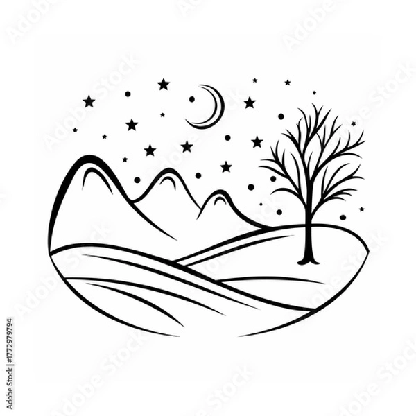 Obraz Minimalist mountain range landscape with stars and moon artwork design