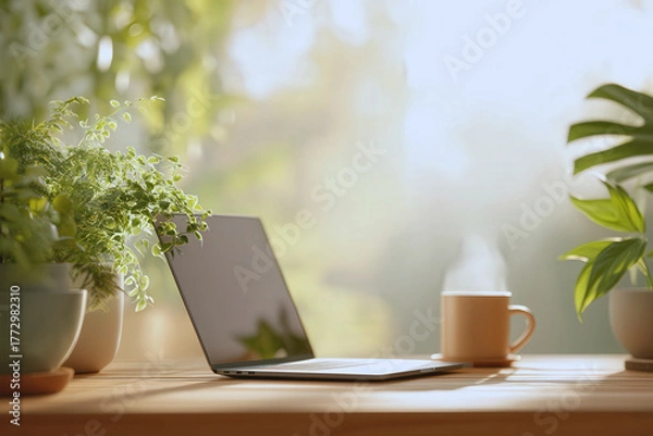 Obraz Eco-friendly home office with laptop, steaming coffee mug and indoor plants in soft morning light