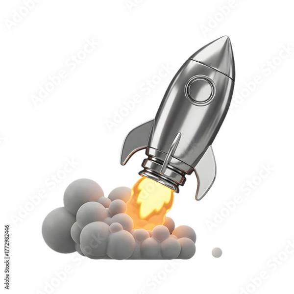 Fototapeta Launching silver rocketship with fiery blast for business growth success