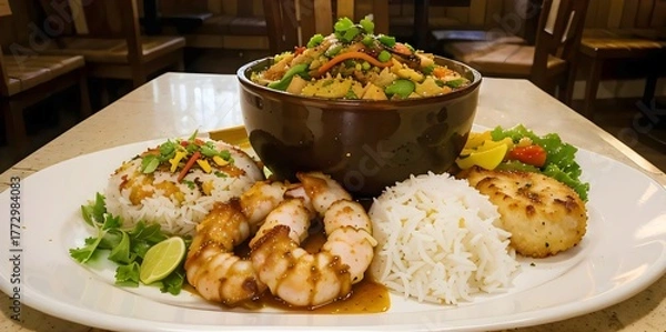 Fototapeta Asian ethnic food, Photo of traditional Asian ethnic main dish, Nasi Campur, or white rice served with various local side dishes, various types of meat, shrimp, and spicy vegetables.