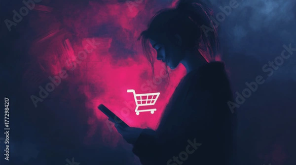 Fototapeta Young woman shopping online with a smartphone in a dark, artistic atmosphere featuring a shopping cart icon
