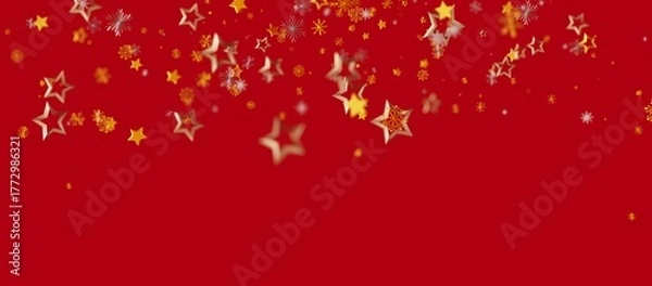 Fototapeta Festive background featuring golden stars and snowflakes on a vibrant red backdrop. Perfect for holiday greetings, Christmas or New Year designs