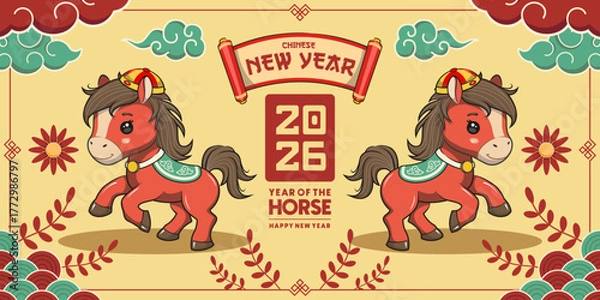 Obraz 2026 Chinese New Year With Cute Fire Horse Zodiac On Banner Design, Vector Cartoon Illustration