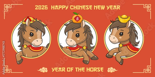 Obraz Happy Chinese New Year 2026 Greeting Card With Cute Horse, Year Of The Horse, Vector Cartoon Illustration