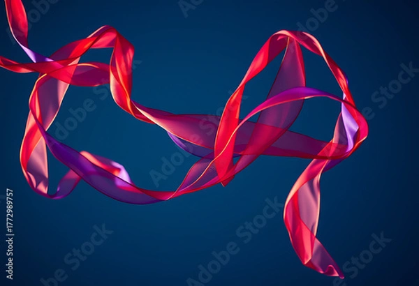 Fototapeta Elegant red ribbon gracefully dances against a deep blue background, flowing freely