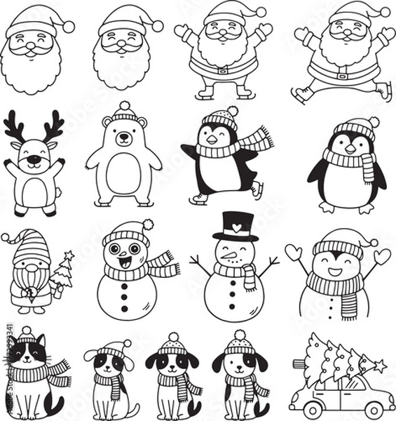 Fototapeta Adorable Christmas Characters Line Art and Coloring Page Bundle