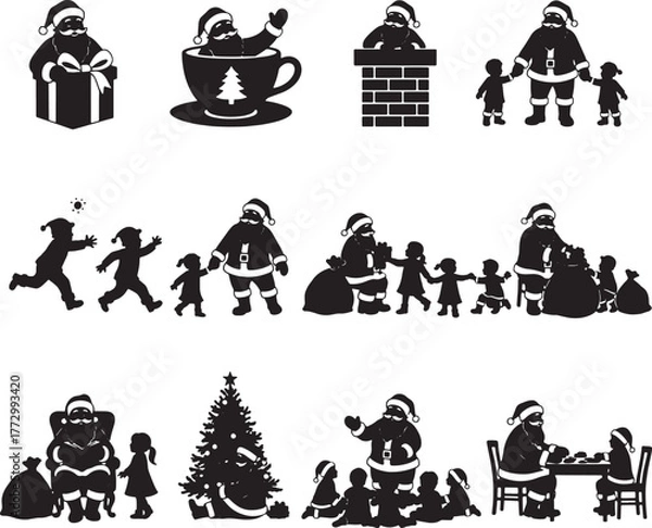 Fototapeta Dynamic Santa Claus and Children Silhouette Vector Bundle