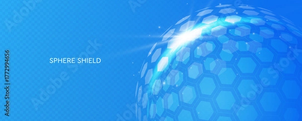 Fototapeta 3d protection sphere with geometric hexagon structure. Glass transparent bubble shield. UV protection ultraviolet. Technology security concept. Vector illustration.