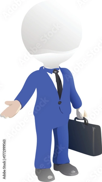 Obraz Professional 3D Cartoon Office Worker in Blue Business Suit with Briefcase  Minimalist Corporate Character Illustration