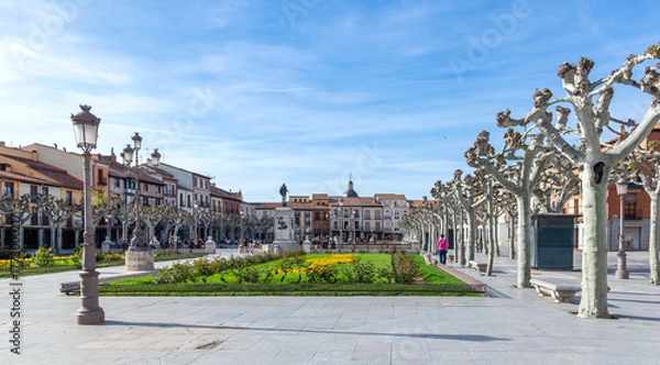 Obraz The expansive Plaza de Cervantes features formal gardens and rows of heavily pollarded plane trees, lining the historic central square of Alcalá de Henares, Spain.