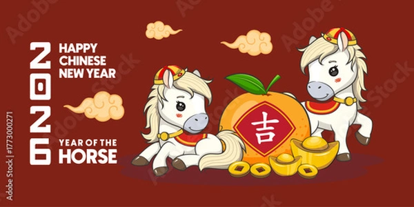 Obraz Happy Chinese New Year 2026 Greeting Card, Year Of The Horse, Vector Cartoon Illustration