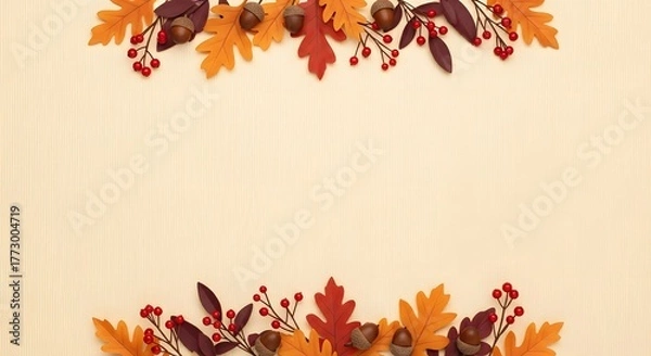 Obraz Vibrant autumn border featuring crisp oak leaves, rich red berries, and earthy acorns creating a warm, festive seasonal design with ample copy space