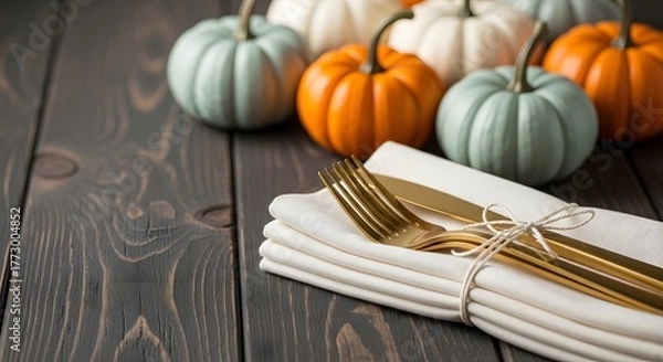 Obraz Elegant autumnal table setting with assorted decorative pumpkins and golden cutlery on a rustic dark wood background, perfect for harvest feasts and seasonal celebrations