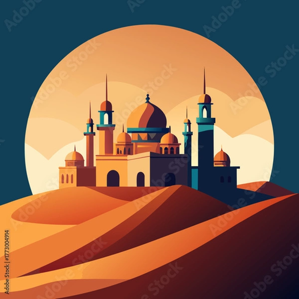 Obraz Desert oasis mosque silhouette against a warm sunset sky