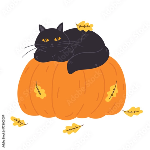 Obraz Halloween black cat laying on big pumpkin with oak leaves in flat cartoon design. Cute pet with seasonal harvest. Autumn october holiday, festive event celebration decor. Vector illustration isolated.