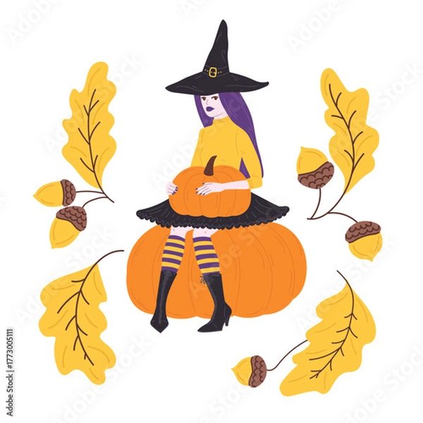 Obraz Halloween young witch sitting on big pumpkin and holding pumpkin in flat cartoon design. Woman in carnival costume for autumn october holiday, decor with oak leaves. Vector illustration isolated.