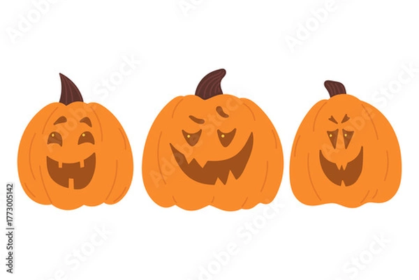 Fototapeta Halloween pumpkins with different facial expressions in flat cartoon design. Autumn holiday celebration creepy carving lanterns with playful, smile or laughing emotions. Vector illustration isolated.