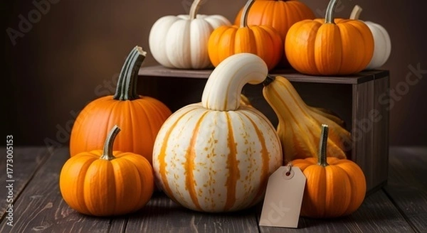 Fototapeta Vibrant harvest of assorted pumpkins and gourds artfully arranged on rustic wooden surface, evoking autumn's cozy charm and festive spirit.
