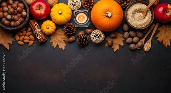 Fototapeta Warm autumn harvest bounty with pumpkins, apples, nuts, spices, and glowing candle creates a cozy, inviting seasonal backdrop for holiday gatherings and festive decor