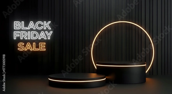 Fototapeta Black friday sale podiums for product display with neon lights and dark background promotion template 3d on transparent background