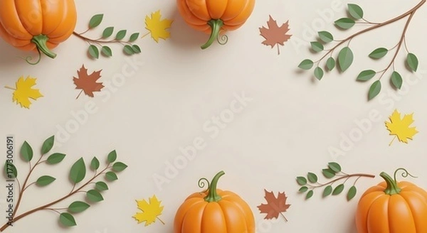 Fototapeta Vibrant pumpkins and colorful autumn leaves artfully arranged on a soft beige background, creating a warm seasonal invitation for your festive designs.