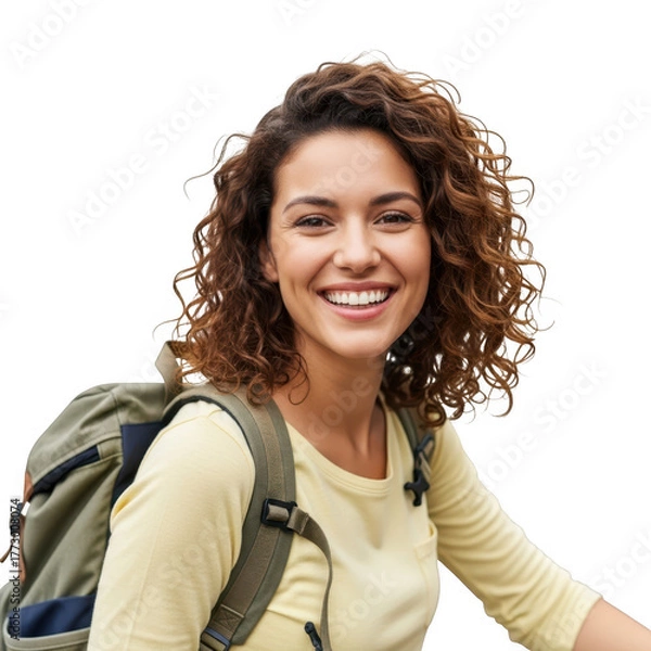 Obraz Young woman with curly hair wearing a backpack isolated on transparent background