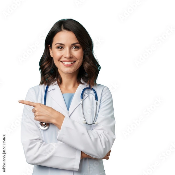 Obraz Smiling female doctor in white coat pointing to the side isolated on transparent background