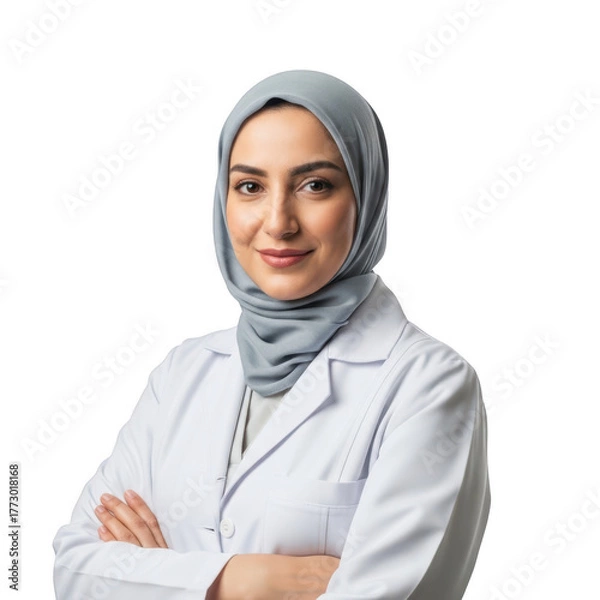 Obraz Woman in hijab and lab coat isolated on transparent background