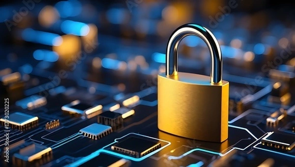 Obraz Golden padlock on illuminated circuit board with blue and yellow lights security