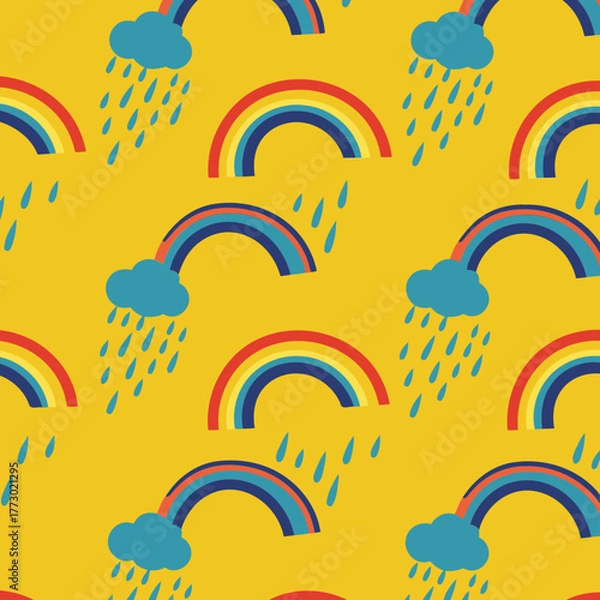 Fototapeta Rainbow and rain pattern on a mustard yellow background. Colorful, child-friendly design showing rainbows and rain clouds in a repeating pattern.