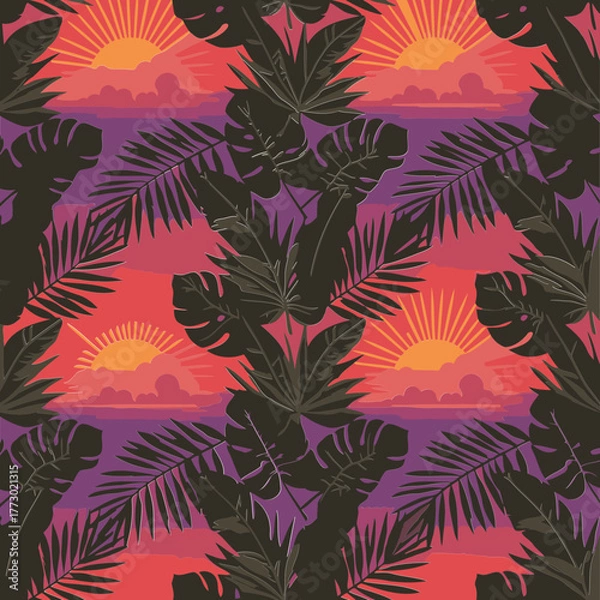 Fototapeta A repeating pattern of lush tropical leaves and sunset colors, perfect for fabric, wallpaper, or other design applications. The bold, graphic style offers a vibrant aesthetic.