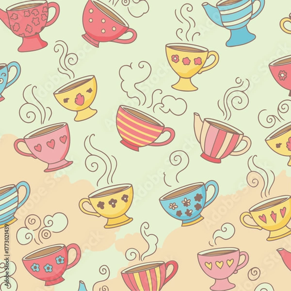 Fototapeta Cartoon teacups and teapots in a variety of colors displayed in a seamless pattern on a pastel background. Cute designs and whimsical elements with steam rising from cups and kettles.